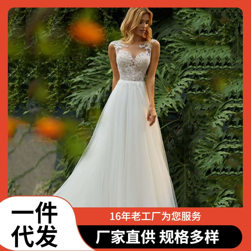 2025 новое европейское и американское сексуальное платье для невесты в пол из сетки белого цвета с классическим кружевом для женщин