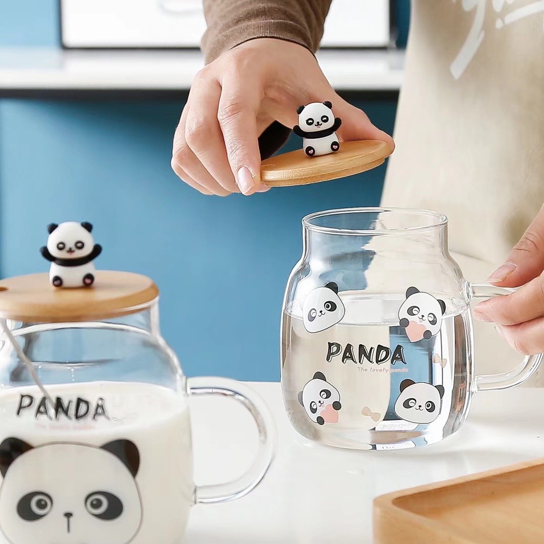 Personalidad creativa lindo Panda de dibujos animados vidrio con tapa cuchara muñeca desayuno taza animal Tesoro Nacional Agua