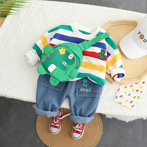 Children's autumn clothing for boys and girls  autumn clothing boys' suits striped round neck jeans two-piece set with bag