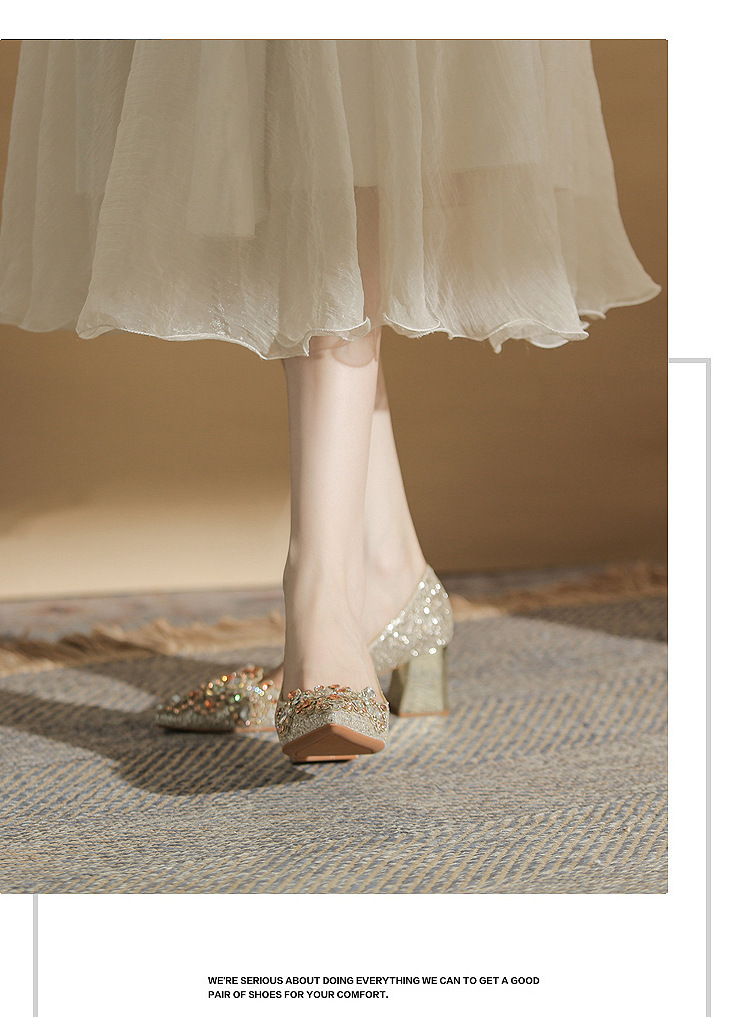 Giày cưới nữ mũi nhọn đính sequin gót dày Jin Gang CH60-50 — Màu sâm panh chi tiết 12