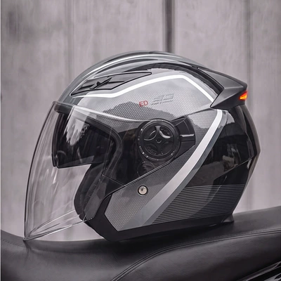 LED tail light, half helmet, Motosiklet kaskı (dəbilqə) - black-silver-ash-msuitable-for-head-circumference-57-58-cm