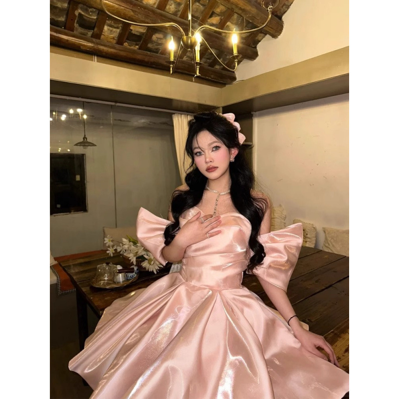 フレンチライトラグジュアリー大人ドレスデザイン気質ショート宴会誕生日パーティーワンショルダーピンクプリンセスドレス|undefined
