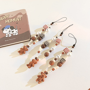 Flocking Bear Doll Brown Mobile Phone Chain Beaded ccd Lanyard Cartoon Hanging Ornaments Camera Anti-Lost Rope A29
