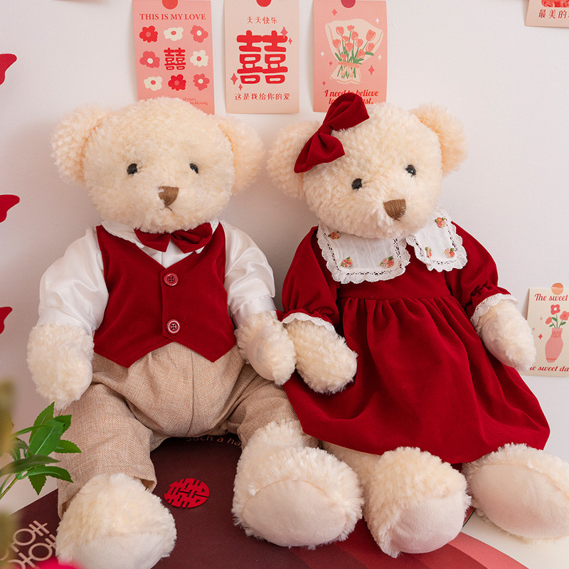 Vintage de alta calidad vestido de terciopelo rojo Teddy Bear muñeca de peluche pareja Teddy Bear muñeca de boda