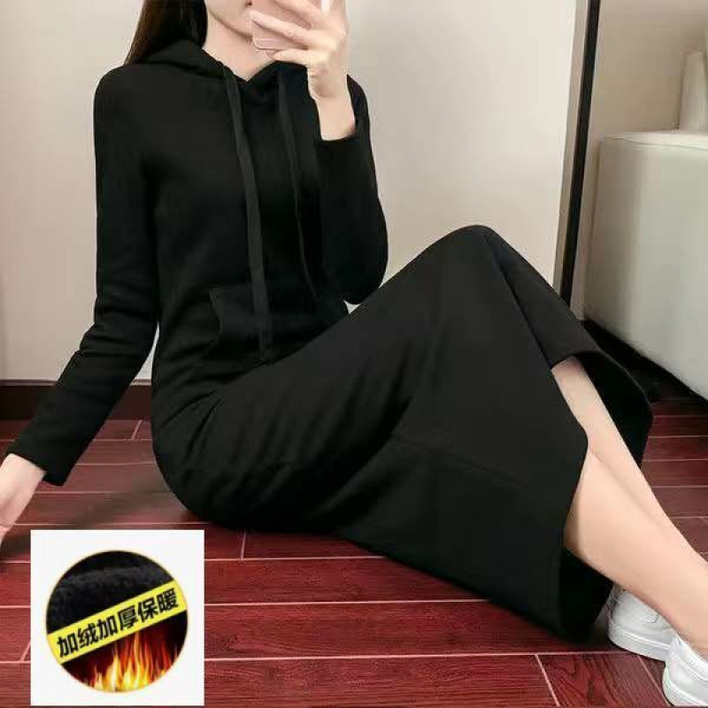 棉秋冬长款过膝卫衣裙女新款韩版宽松大码长袖加绒加厚连帽连衣裙|undefined
