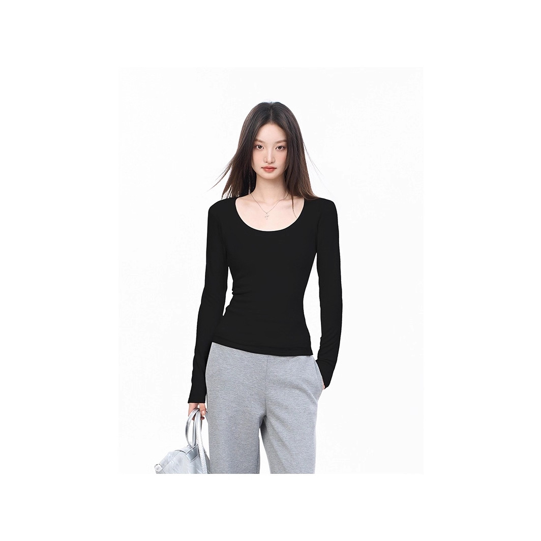 Black U-Neck Inner Layering Shirt for Women Winter Right Shoulder Long-Sleeved T-Shirt Large Neckline Slim Top White Navy Blue