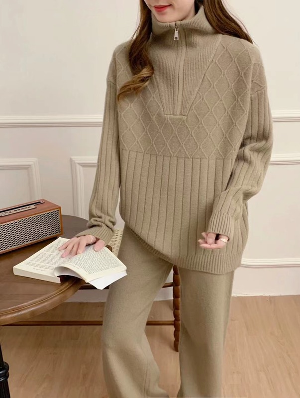 ファッション高級感セーターセット女性秋冬怠惰風ジッパー立襟ニット高腰ワイドパンツ2点セット|undefined