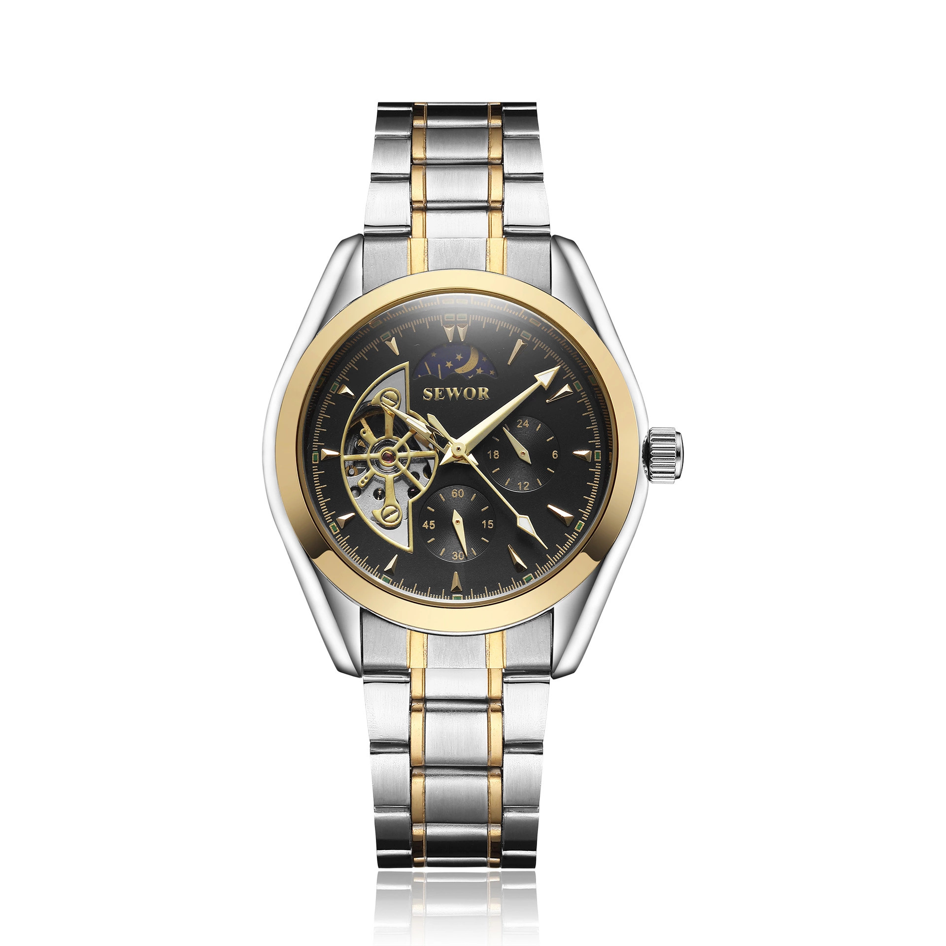 SEWOR reloj mecánico automático para hombre de aprendizaje diario Star Hollow personalidad multifuncional casual correa de acero reloj