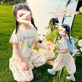 女童夏装薄款防蚊裤套装2025新款中小童短袖T恤哈伦裤韩版两件套