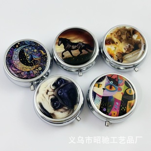 European and American glue drop metal pill box portable round three-cell pill box animal dragonfly glue drop mouth grease box