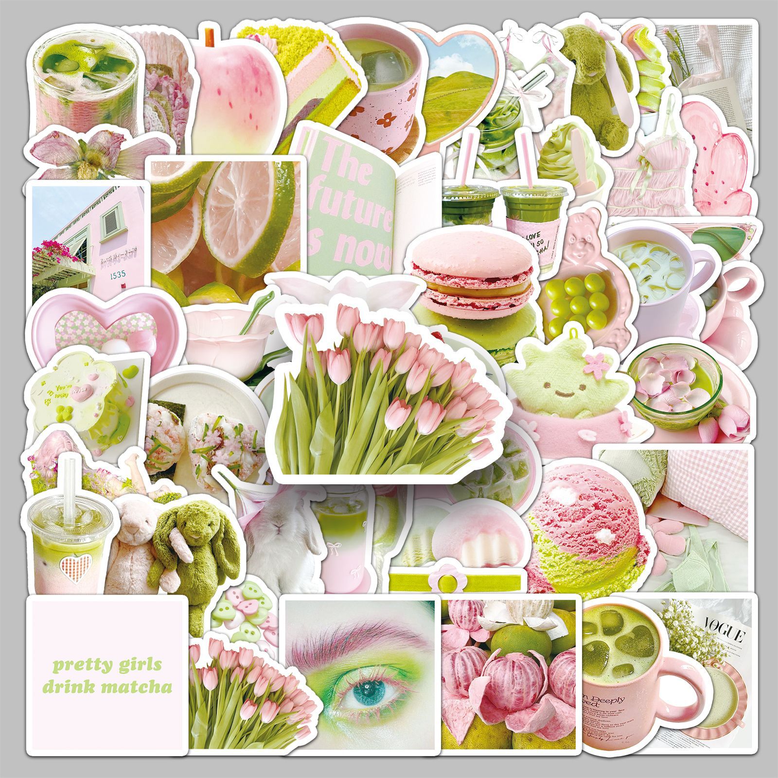 51 pink and green ins style stickers, fresh and girly creative DIY waterproof decorative notebook and ledger stickers