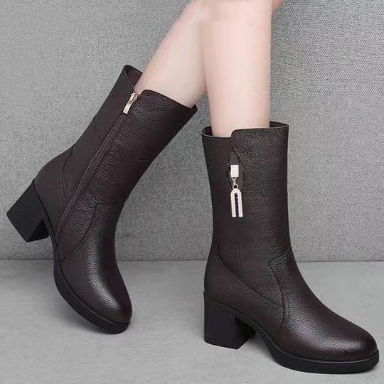 Broken size clearance soft leather mother mid-calf boots thick heel short boots winter fleece-lined boots new autumn and winter mid heel women's leather shoes