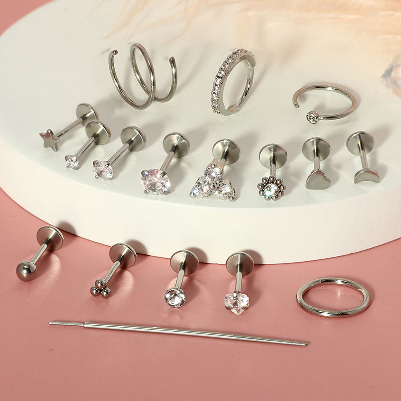 Stainless Steel Flat-Bottom Lip Nose Nail Set with Zircon Heart Design - 17 Pieces Piercing Jewelry detail image 6