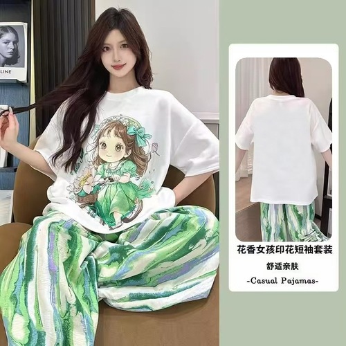 Korean-style cute cartoon print short-sleeved women's pajama set with loose casual pants, home wear set, wearable outside