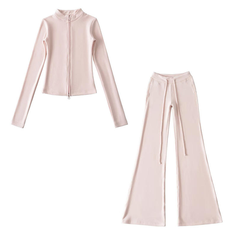 Tall Women's Slim-Fit Sports Two-Piece Set: Slimming Stand-Collar Zip-Up Velvet Cardigan Top and Slightly Flared Floor-Length Pants Tall Women's Slim-Fit Sports Two-Piece Set: Slimming Stand-Collar Zip-Up Velvet Cardigan Top and Slightly Flared Floor-Length Pants