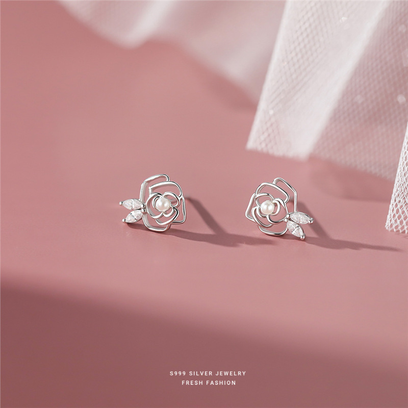 S999 Sterling Silver Camellia Zircon Stud Earrings Simple French_voghion.com