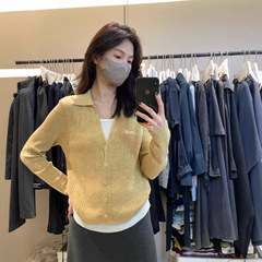 Hers一勺甜秋季韩系极简风日常通勤假两件撞色长袖针织衫女92279