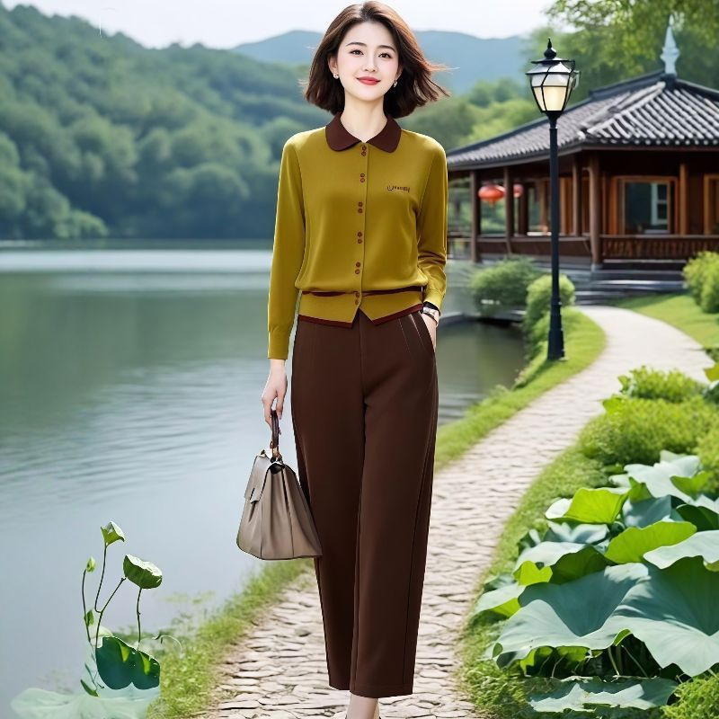 Trendy Design for Middle-Aged and Elderly People, 2025 New Style, High-End Lapel Knit Sweater and Casual Pants Two-Piece Set