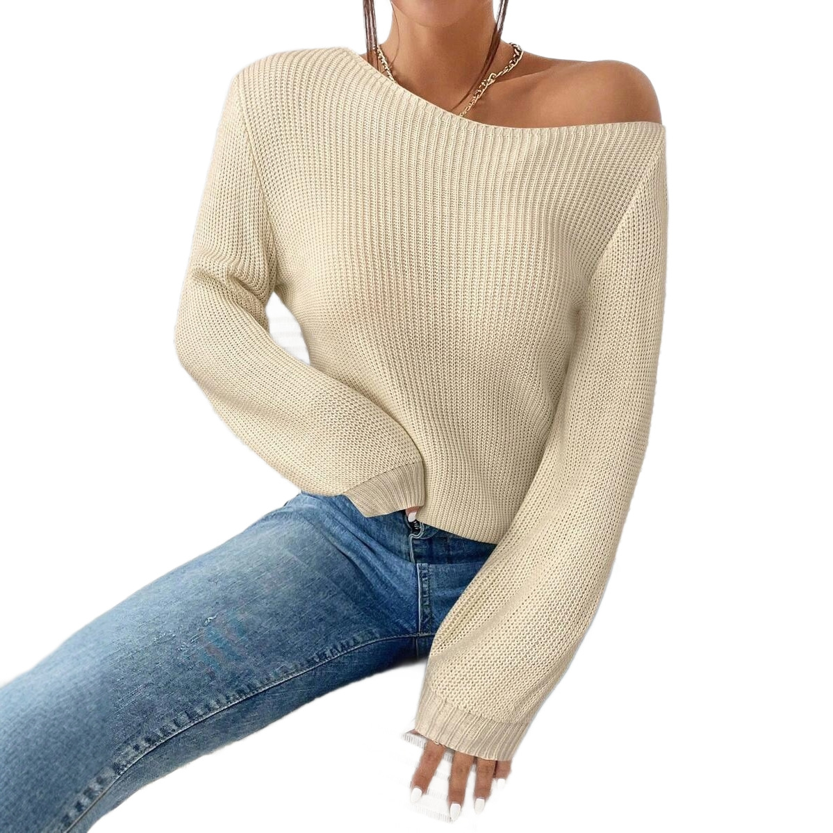 Amazon's best-selling one-shoulder off-shoulder sweater for women loose solid color sweater autumn and winter new style lazy style long sleeves