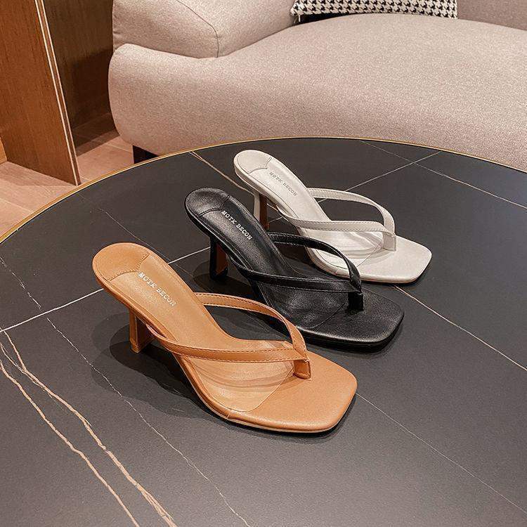 黑色夹趾凉鞋女人字拖高跟细跟夹脚外穿时尚百搭拖鞋方头凉拖夏季