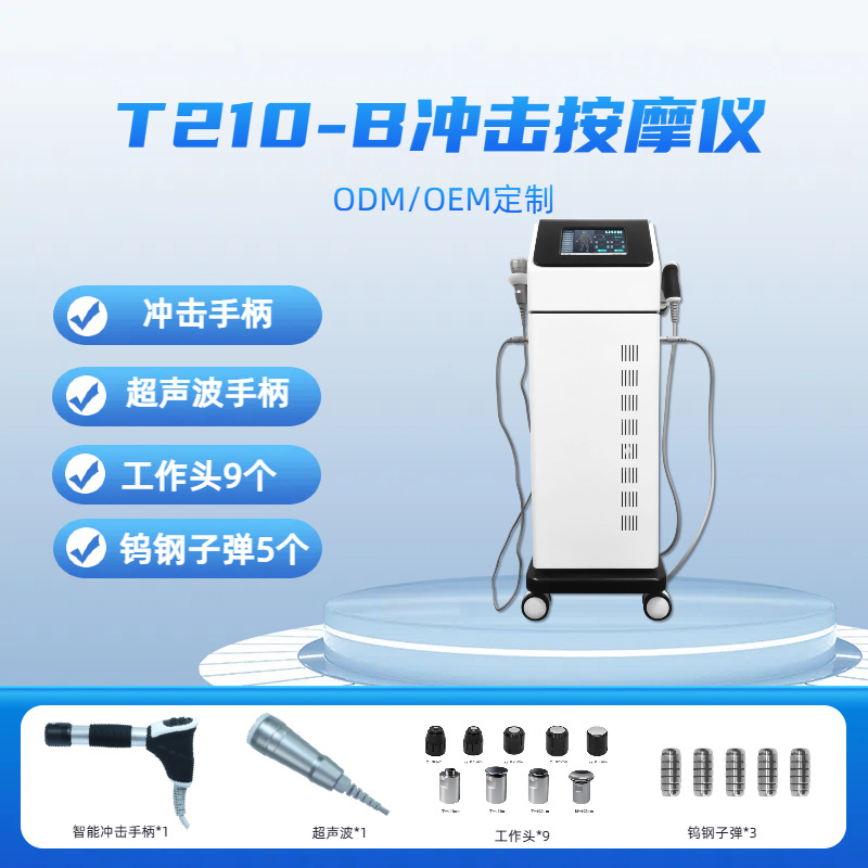 T210-B 수직 충격 마사지기 + 5세대 충격 핸들 + 초음파 핸들 + 9개의 업그레이드된 작업 헤드 5개의 텅스텐 강철 총알