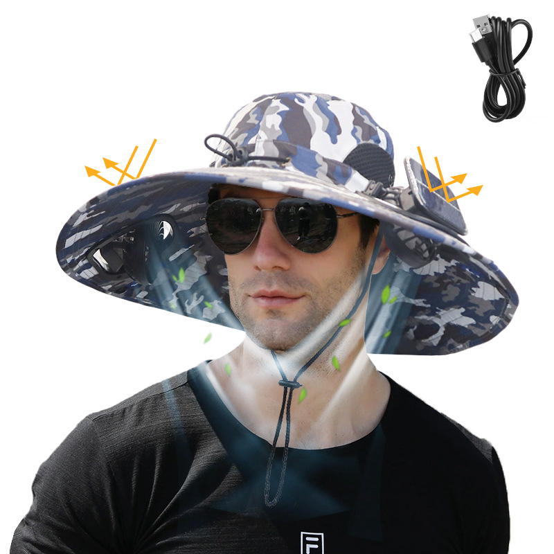Solar Powered Dual Fan Sun Hat with USB Charging, Wide Brim Cooling Cap for Summer Outdoor Fishing & Hiking