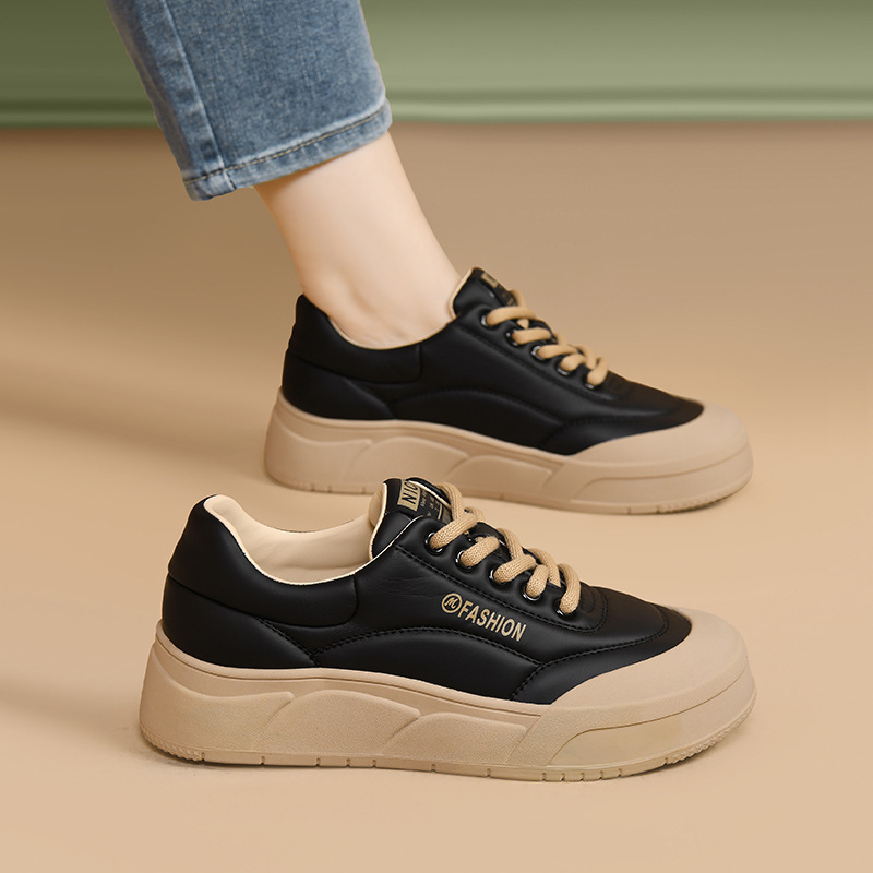 盾狐面包鞋女款厚底百搭2024秋季加绒板鞋耐磨复古松糕休闲鞋加绒