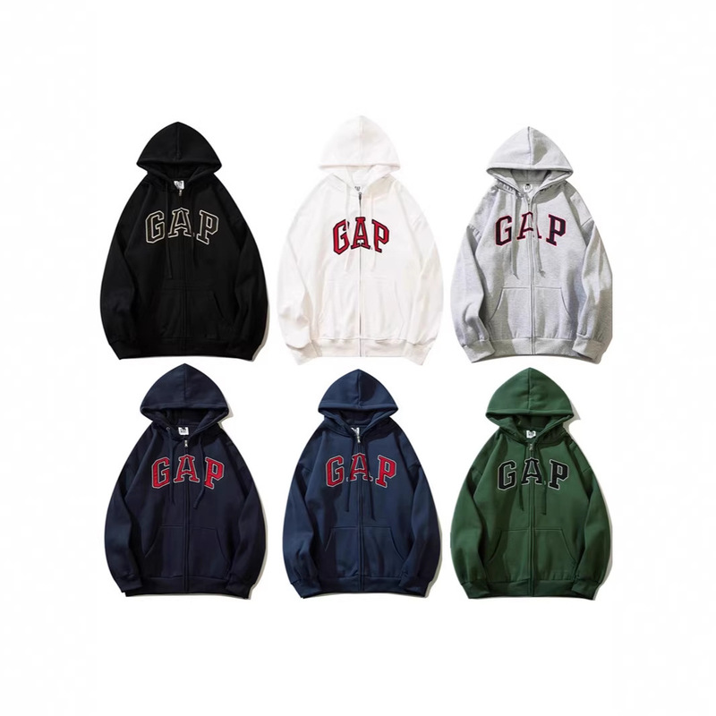 Gap Foreign Trade Trendy Brand Letter Embroidery Zip-Up Hooded Sweatshirt with Fleece Casual Loose Fit Couple's Men's Cotton Winter Hoodie