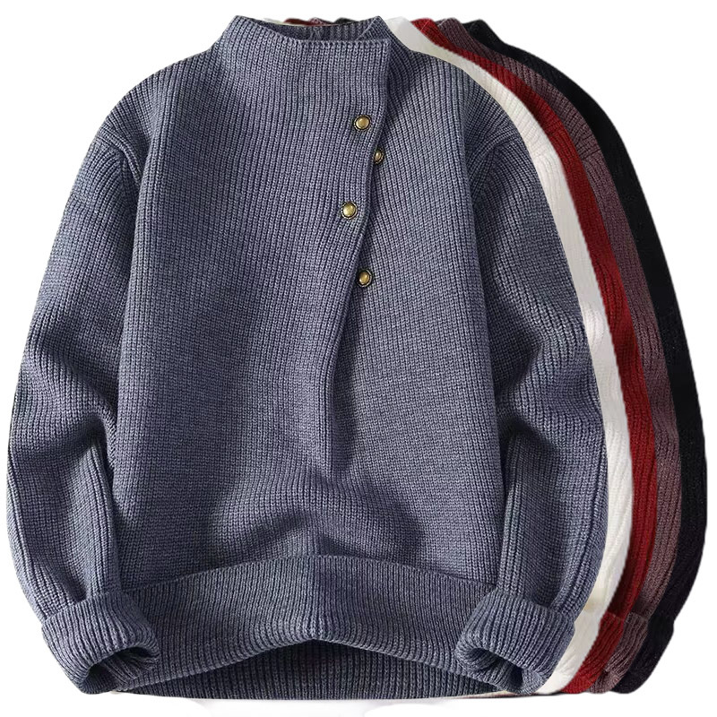 Explosiones transfronterizas de tamaño europeo diseño de botón de tamaño grande irregular jersey suéter hombre cuello alto otoño invierno fábrica al por mayor