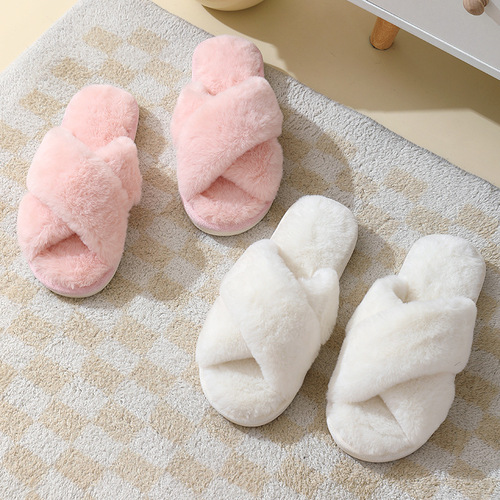  cross-border autumn and winter new style imitation rabbit fur women's cross-strap home cotton slippers thick-soled warm indoor slippers