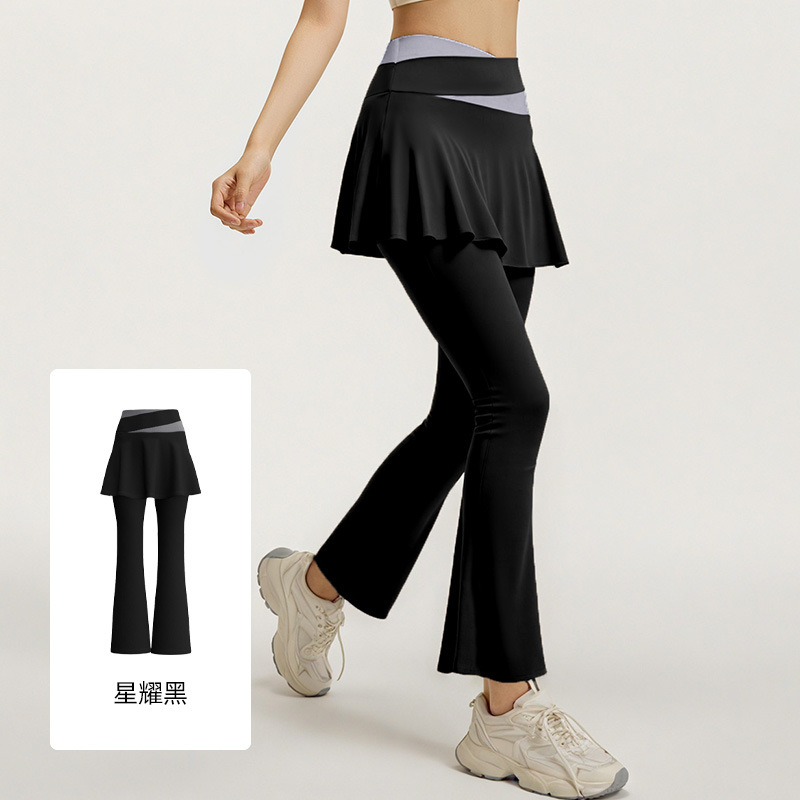 Los nuevos pantalones de falda de cuerno a juego de color de Juyitang son elásticos y delgados, falsos dos pantalones de yoga para correr de cintura alta