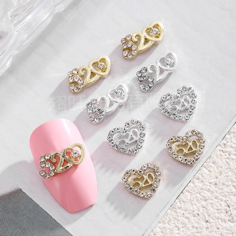 Japanese and Korean Style Internet-famous Nail Art Jewelry Shiny Luxury Three-dimensional Hollow 520 Heart-shaped DIY Decoration Accessories