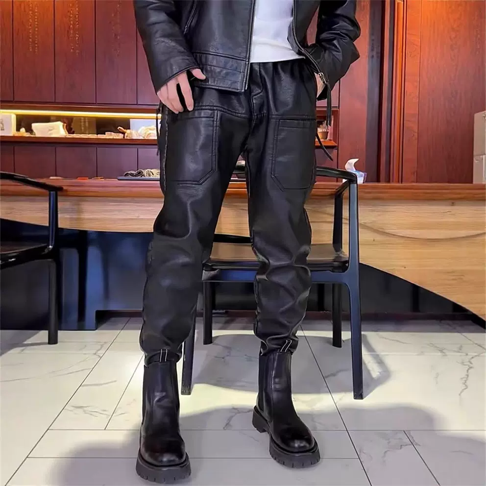 春秋季新款百搭六兜皮裤男士高档简约束脚裤潮流防风防水小脚休闲