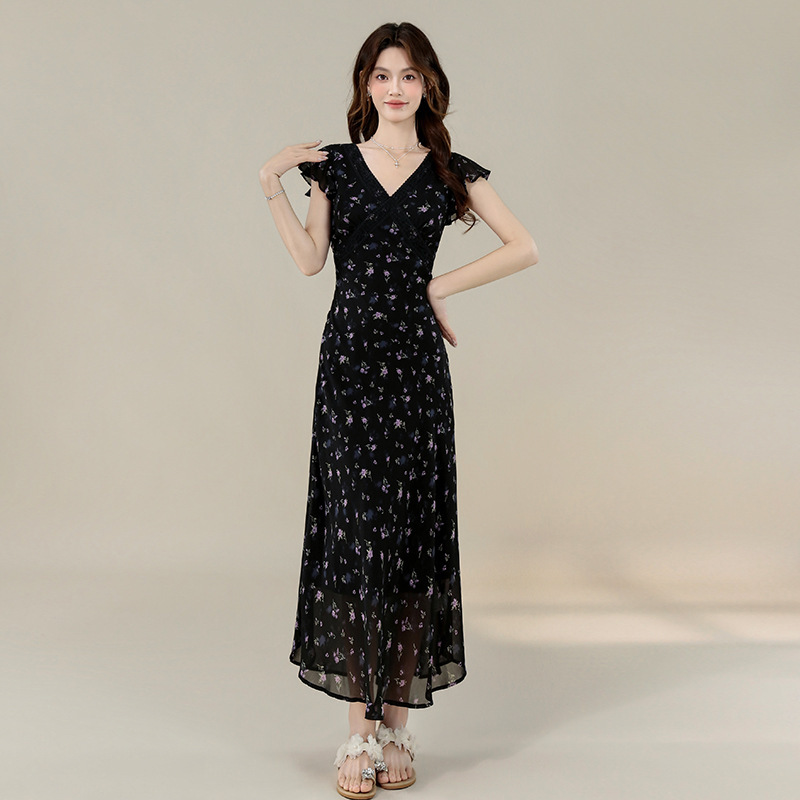 Vacation Floral Summer Hot-Selling French-Style Gentle and Elegant Lace-Trimmed Georgette Printed Long Waist-Cinching Slimming Dress