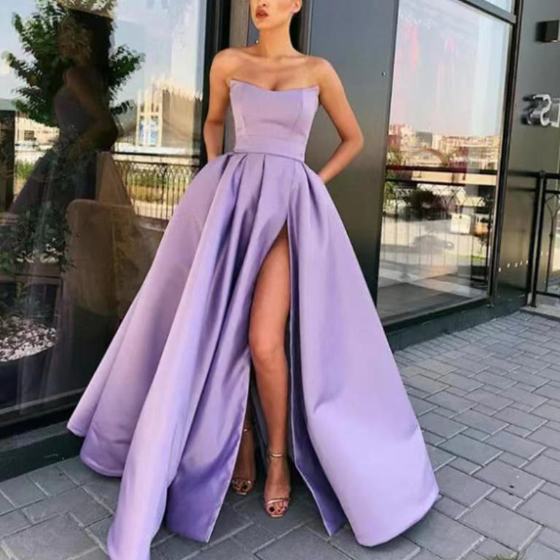 2025 nuevo vestido de comercio exterior europeo y americano, vestido de actuación, top de tubo sexy, vestido de noche de anfitrión de banquete largo dividido