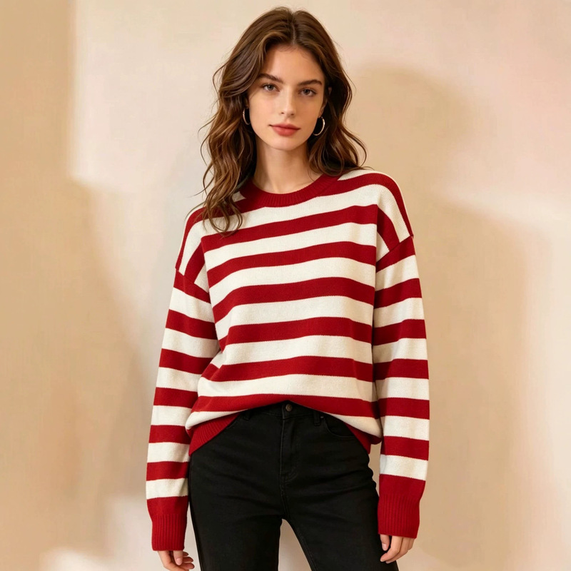 Cross-Border European and American Style Retro Red and White Striped Loose Knit Sweater for Women, Casual Round Neck Long-Sleeved Pullover Knitwear Cross-Border European and American Style Retro Red and White Striped Loose Knit Sweater for Women, Casual Round Neck Long-Sleeved Pullover Knitwear