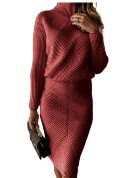 2021亚马逊秋冬新款欧美高领针织纯色加厚翻领套头毛衣连衣裙套装