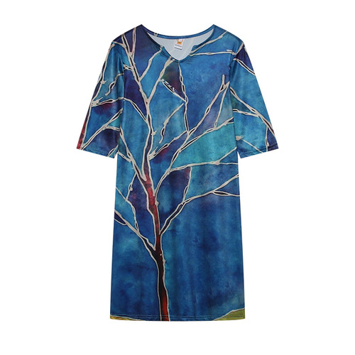  Summer New Floral Print Rendering Fashion V-Neck Short Sleeve Mid-Waist Tunic A-Line Dress for Women