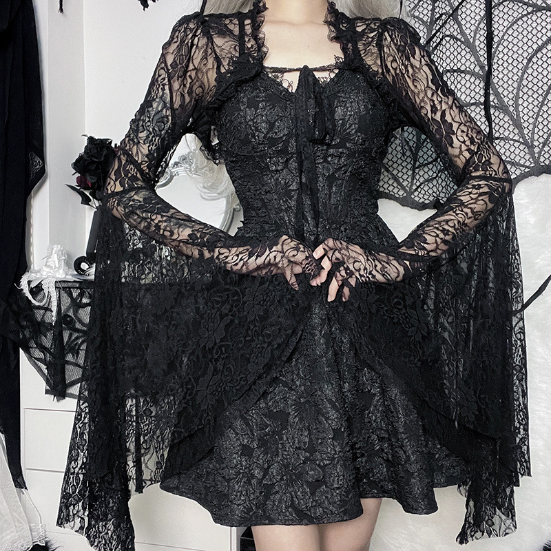Xy22128 Gothic Style New Cos Trumpet Sleeve Lace Cardigan Small Waistcoat Top Women European and American Dark Blouse Xy22128 Gothic Style New Cos Trumpet Sleeve Lace Cardigan Small Waistcoat Top Women European and American Dark Blouse
