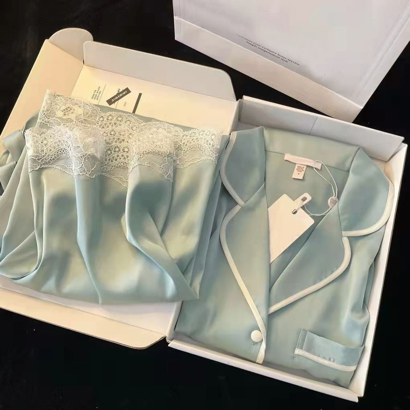 2024 New Ice Silk pajamas for women Spring and Autumn trendy long sleeve thin artificial silk home wear suit can be worn outside 2024 New Ice Silk pajamas for women Spring and Autumn trendy long sleeve thin artificial silk home wear suit can be worn outside