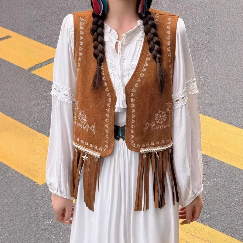 Yunnan Western Sichuan Retro Tassel Vest for Women, Suede Layered Sleeveless Top, Ethnic Style Embroidered Outerwear