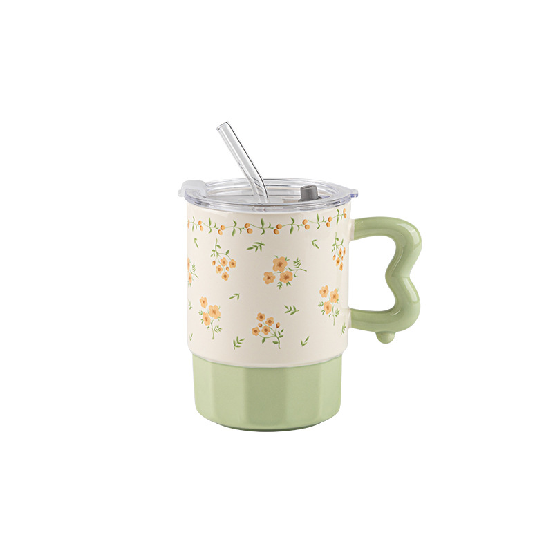 Taza de cerámica con pajita, taza de café para el hogar, taza de té, taza con tapa, gran capacidad, regalo para el Día de San Valentín