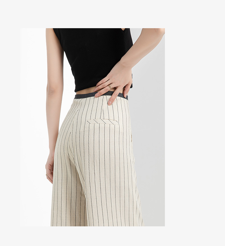Quần culottes nữ ống rộng vải lanh sọc dọc, cạp cao phối màu, dáng suông thoáng mát — Vải gai sọc chi tiết 7