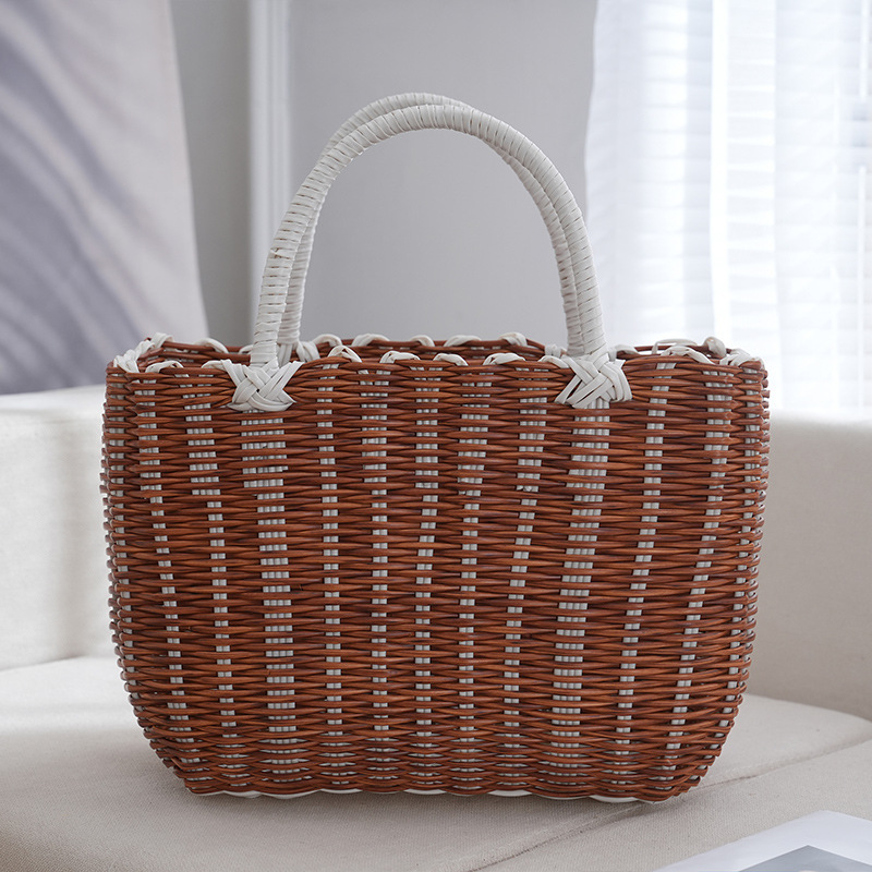 Imitation rattan woven ladies handbag bag brown picnic basket plastic egg storage basket vegetable basket factory wholesale