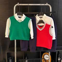 810B秋季男女童时尚简约百搭学院风飞1了马甲POLO卫裤三件套装