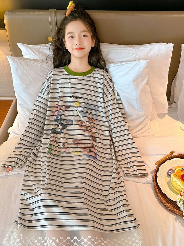 女童睡裙纯棉长袖2025春秋新款儿童女孩长款睡衣女大童宽松家居服|undefined