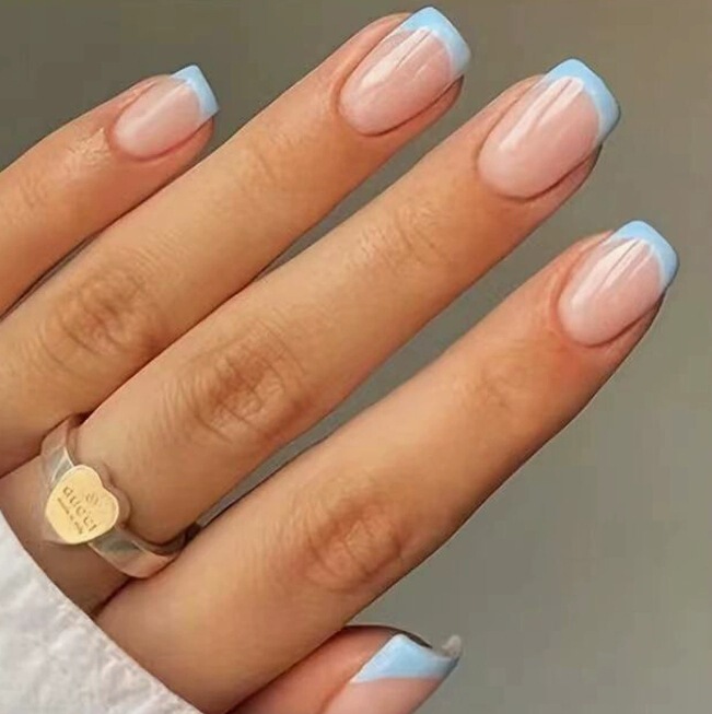 24 Pieces Short Square French Blue Edge Hand Wearable Armor Removable Full Coverage Wearable Nail Fake Nail Pieces