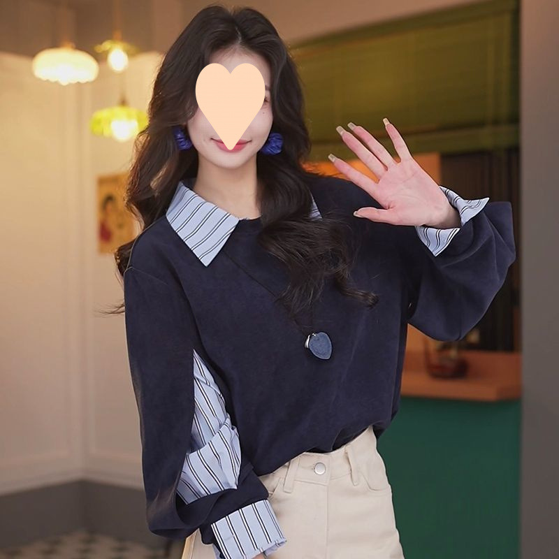 洋气条纹领假两件卫衣女2025春季新款慵懒风休闲拼接百搭上衣|undefined