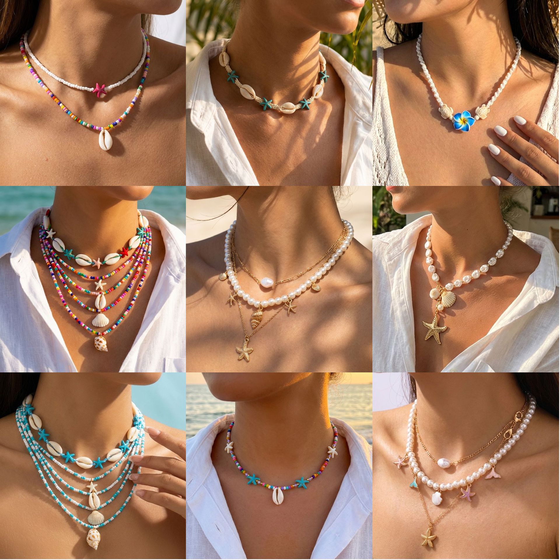 Cross-border New Bohemian Style Multi-layer Shell Necklace Women Fashion Rice Bead Necklace Clavicle Chain suit Wholesale