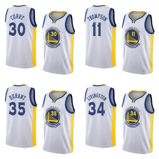 Warriors No. 35 Durant No. 30 Curry Hot Press Jersey No. 11 Thompson No. 6 Nixon Jersey in 2018 Season